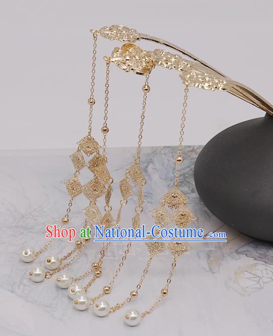 China Ancient Empress Pearls Tassel Hairpin Traditional Tang Dynasty Empress Palace Golden Hair Stick