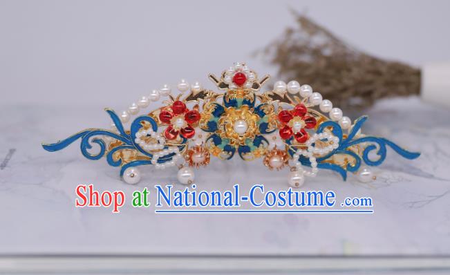 China Ancient Palace Lady Pearls Hair Stick Traditional Ming Dynasty Blueing Hair Crown