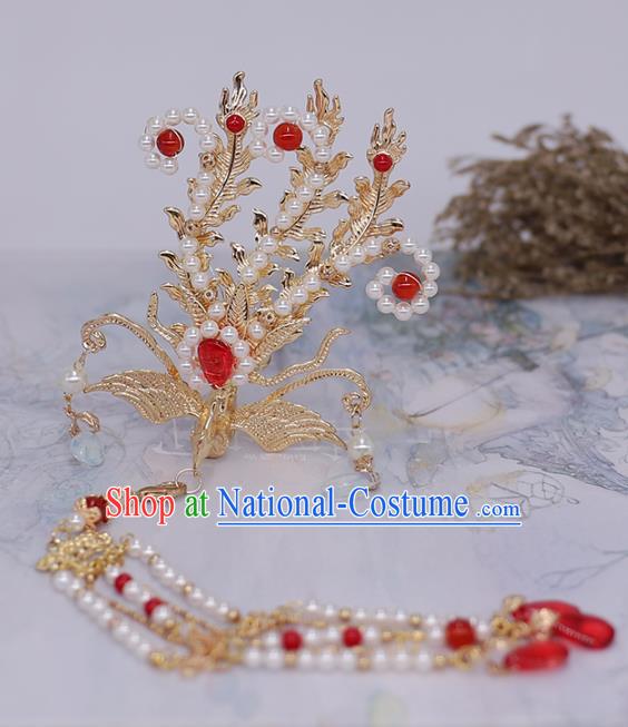 China Ancient Noble Lady Pearls Tassel Hairpin Traditional Ming Dynasty Princess Golden Phoenix Hair Stick