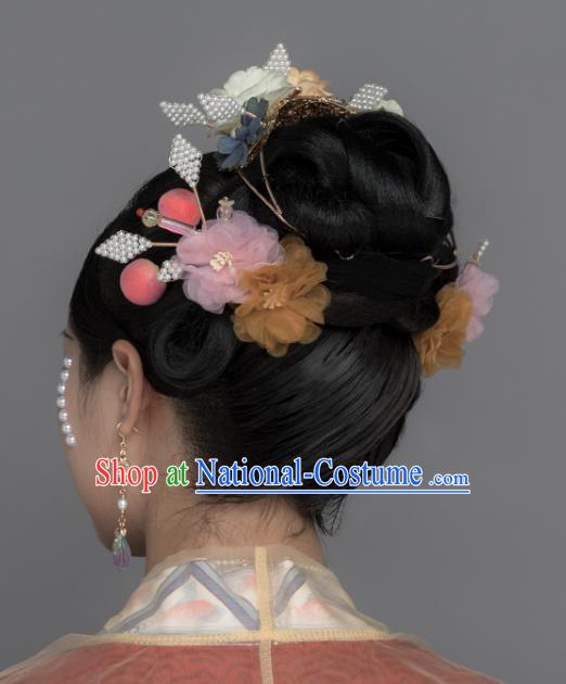 China Ancient Court Woman Hairpin Traditional Song Dynasty Imperial Concubine Silk Flowers Hair Stick