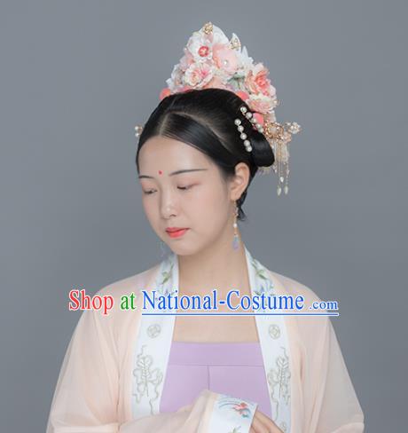 China Ancient Noble Lady Hair Accessories Traditional Song Dynasty Princess Pink Flowers Pearls Hair Crown