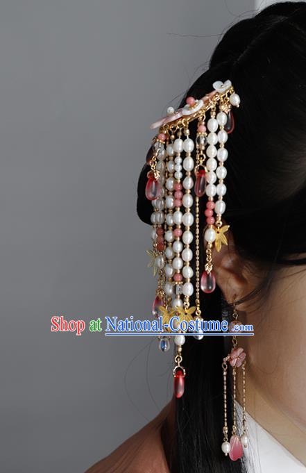 China Ancient Palace Lady Shell Plum Hairpins Traditional Ming Dynasty Princess Pearls Tassel Hair Stick