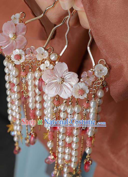 China Ancient Palace Lady Shell Plum Hairpins Traditional Ming Dynasty Princess Pearls Tassel Hair Stick