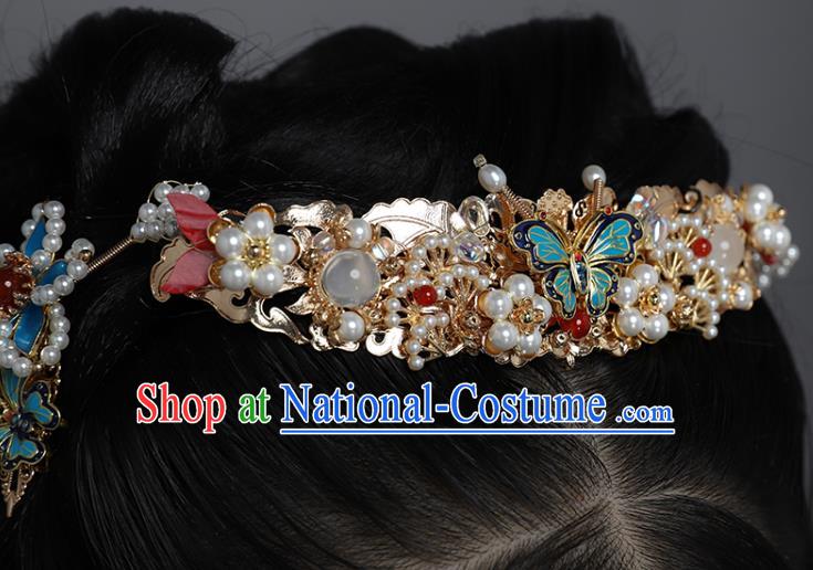 China Ancient Imperial Concubine Pearls Hairpin Traditional Ming Dynasty Princess Blueing Butterfly Hair Crown