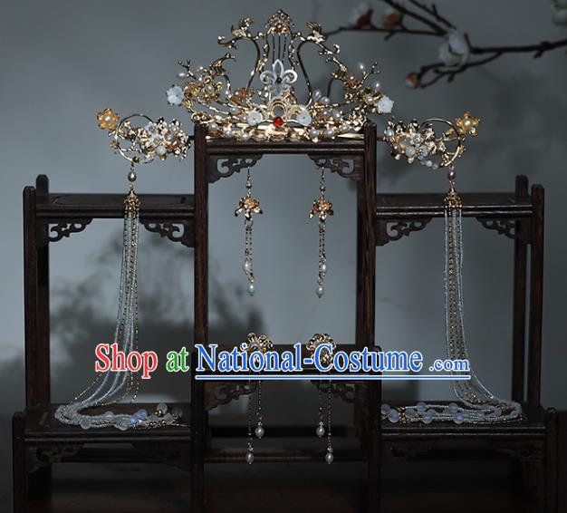 China Ancient Princess Hair Accessories Traditional Ming Dynasty Wedding Tassel Hair Crown and Hairpins Full Set