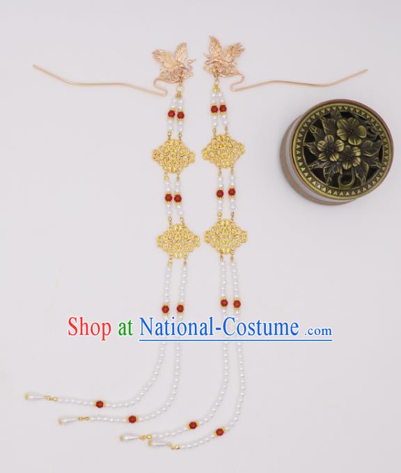 China Ancient Queen Pearls Tassel Hairpin Traditional Ming Dynasty Empress Golden Phoenix Hair Stick