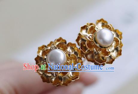 China Ancient Queen Pearl Hairpin Traditional Ming Dynasty Empress Golden Peony Hair Stick