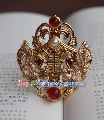 China Ancient Court Woman Pearls Hairpin Traditional Ming Dynasty Empress Golden Phoenix Hair Crown