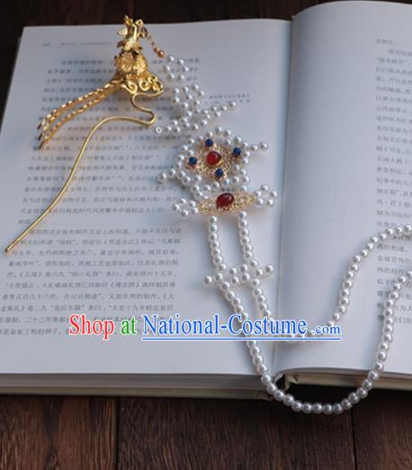 China Ancient Queen Pearls Tassel Hairpin Traditional Ming Dynasty Empress Golden Phoenix Hair Stick