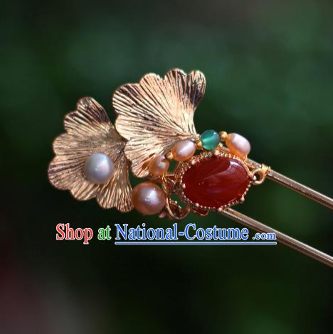 China Ancient Princess Agate Hairpin Traditional Tang Dynasty Empress Golden Ginkgo Leaf Hair Stick