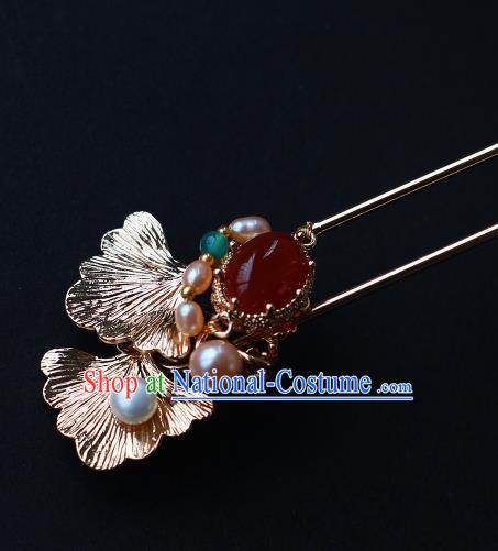 China Ancient Princess Agate Hairpin Traditional Tang Dynasty Empress Golden Ginkgo Leaf Hair Stick