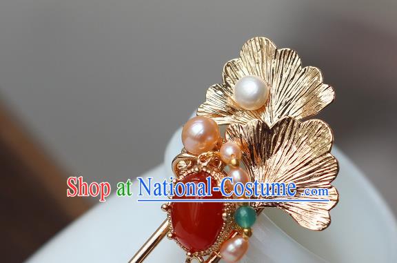 China Ancient Princess Agate Hairpin Traditional Tang Dynasty Empress Golden Ginkgo Leaf Hair Stick