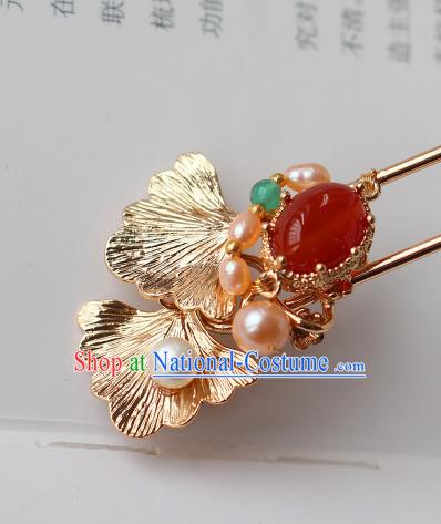 China Ancient Princess Agate Hairpin Traditional Tang Dynasty Empress Golden Ginkgo Leaf Hair Stick