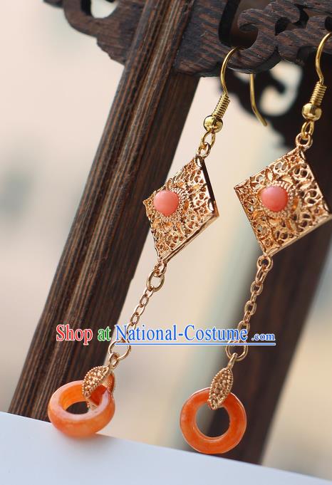 Chinese Traditional Qing Dynasty Court Lady Earrings Ancient Princess Coral Ring Ear Jewelry