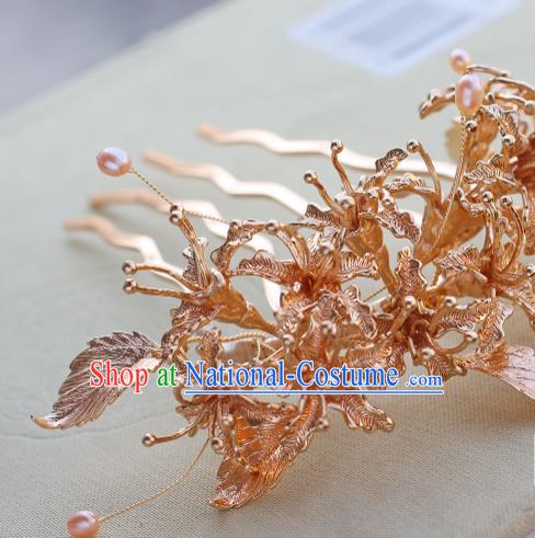 China Ancient Palace Lady Hairpin Traditional Tang Dynasty Princess Golden Manjusaka Hair Comb