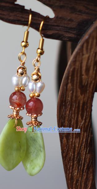 Chinese Traditional Ming Dynasty Court Lady Green Leaf Earrings Ancient Princess Pearls Ear Jewelry