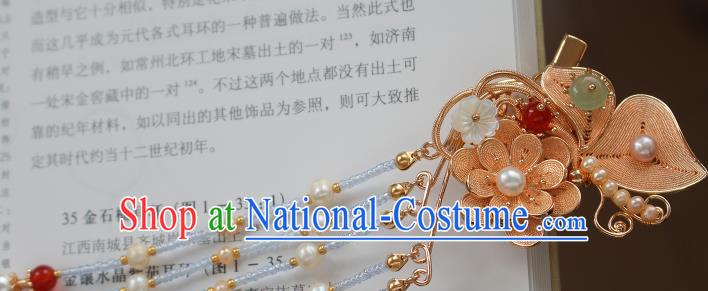 China Ancient Young Beauty Golden Butterfly Flower Hairpin Traditional Ming Dynasty Princess Pearls Tassel Hair Claw