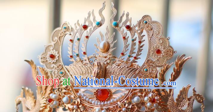 China Ancient Royal Empress Pearls Hairpin Traditional Ming Dynasty Queen Golden Phoenix Hair Crown