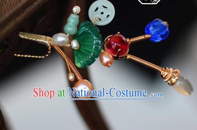 China Ancient Princess Pearls Jade Hairpin Traditional Qing Dynasty Queen Gems Hair Stick