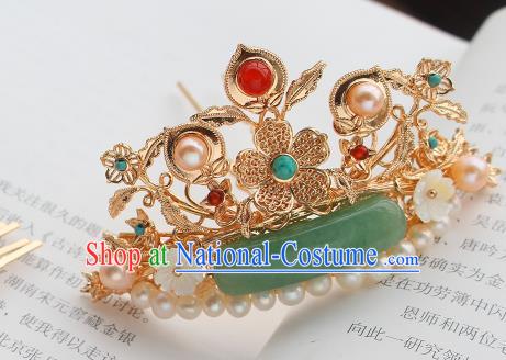 China Ancient Court Woman Jade Pearls Hairpin Traditional Ming Dynasty Princess Golden Plum Hair Crown