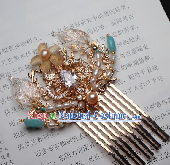 China Ancient Palace Lady Pearls Hairpin Traditional Ming Dynasty Princess Zircon Hair Comb