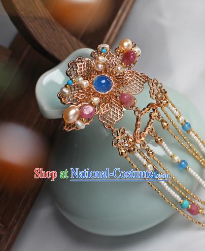 China Ancient Empress Golden Peony Hairpin Traditional Ming Dynasty Court Woman Pearls Tassel Hair Stick