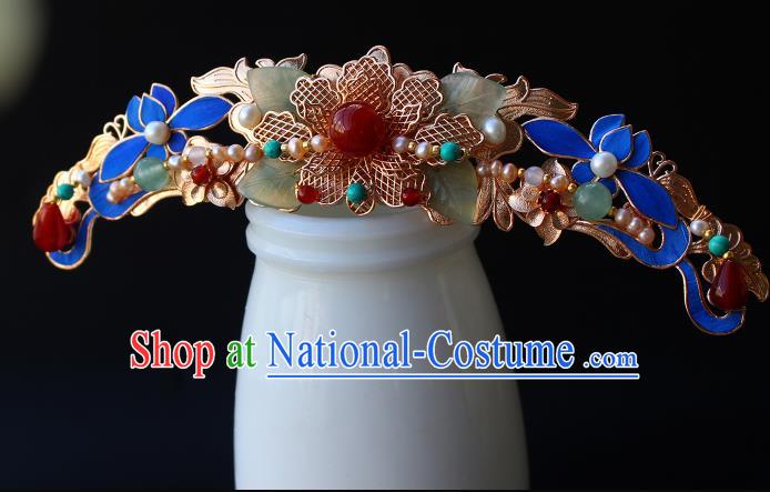 China Ancient Royal Empress Blue Lotus Hairpin Traditional Ming Dynasty Court Woman Gems Hair Crown