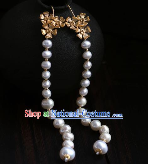 Chinese Traditional Song Dynasty Court Woman Earrings Ancient Imperial Concubine Pearls Tassel Ear Jewelry