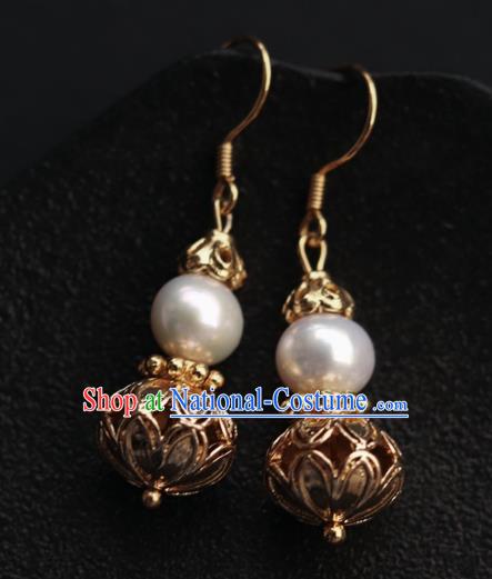 Chinese Traditional Ming Dynasty Court Empress Earrings Ancient Queen Golden Gourd Ear Jewelry