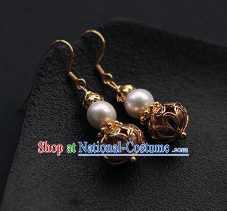 Chinese Traditional Ming Dynasty Court Empress Earrings Ancient Queen Golden Gourd Ear Jewelry