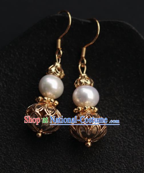 Chinese Traditional Ming Dynasty Court Empress Earrings Ancient Queen Golden Gourd Ear Jewelry