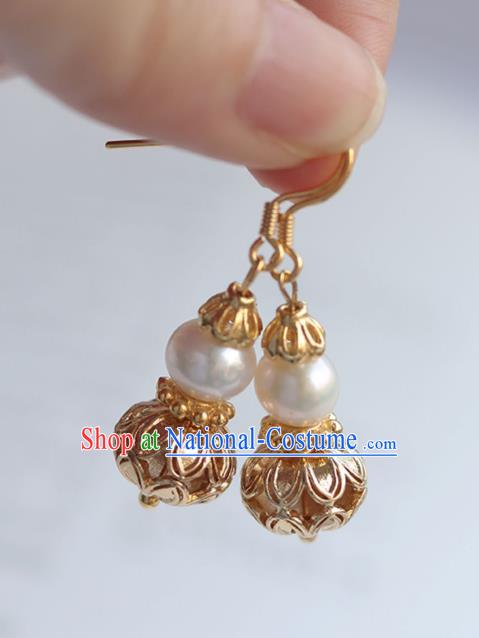 Chinese Traditional Ming Dynasty Court Empress Earrings Ancient Queen Golden Gourd Ear Jewelry