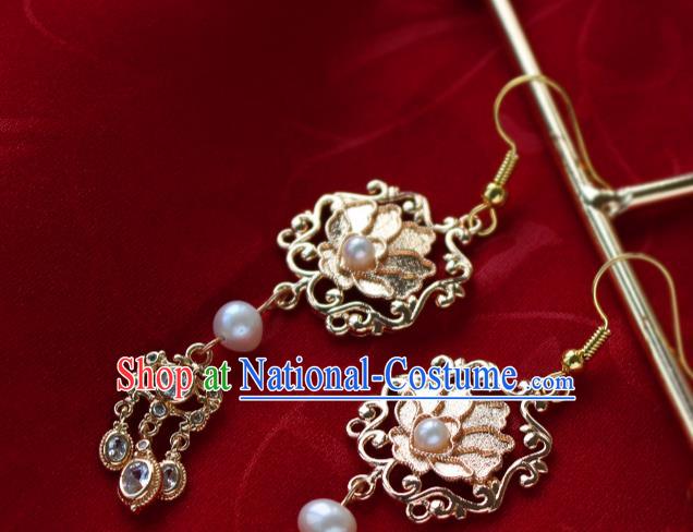 Chinese Traditional Qing Dynasty Queen Golden Earrings Ancient Empress Crystal Tassel Ear Jewelry