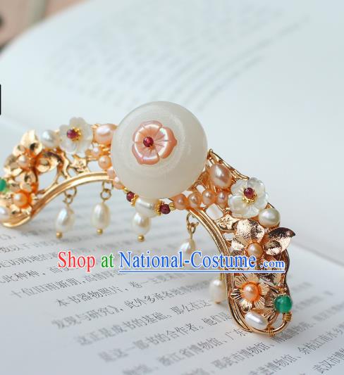 China Ancient Princess Jade Peace Buckle Hairpin Traditional Ming Dynasty Noble Lady Pearls Hair Crown