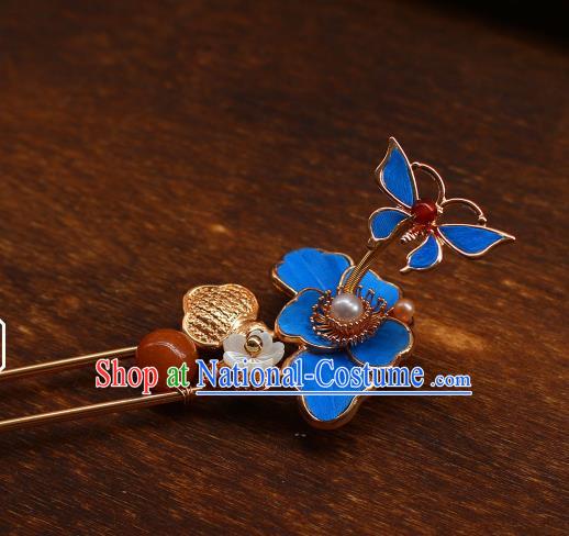 China Ancient Imperial Concubine Hairpin Traditional Qing Dynasty Court Woman Blue Butterfly Hair Stick