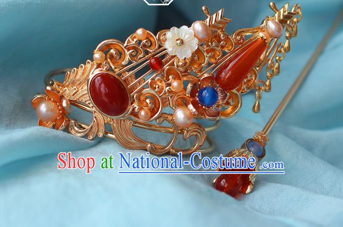 China Ancient Court Lady Hair Accessories Traditional Tang Dynasty Princess Golden Agate Hair Crown and Hairpin