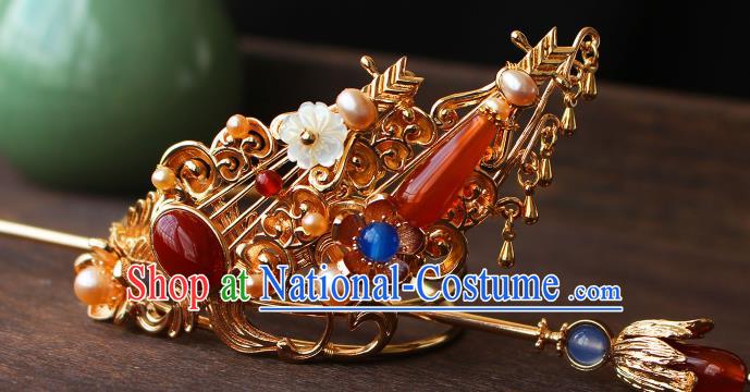 China Ancient Court Lady Hair Accessories Traditional Tang Dynasty Princess Golden Agate Hair Crown and Hairpin