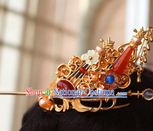 China Ancient Court Lady Hair Accessories Traditional Tang Dynasty Princess Golden Agate Hair Crown and Hairpin