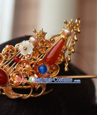 China Ancient Court Lady Hair Accessories Traditional Tang Dynasty Princess Golden Agate Hair Crown and Hairpin