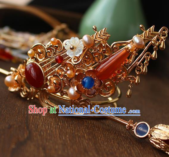 China Ancient Court Lady Hair Accessories Traditional Tang Dynasty Princess Golden Agate Hair Crown and Hairpin