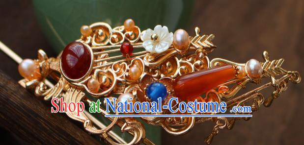 China Ancient Court Lady Hair Accessories Traditional Tang Dynasty Princess Golden Agate Hair Crown and Hairpin