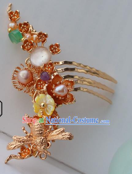 China Ancient Palace Lady Golden Bee Hairpin Traditional Ming Dynasty Princess Shell Plum Hair Comb