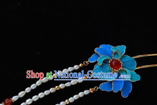 China Ancient Court Woman Blue Peony Hairpin Traditional Qing Dynasty Imperial Concubine Pearls Tassel Hair Stick