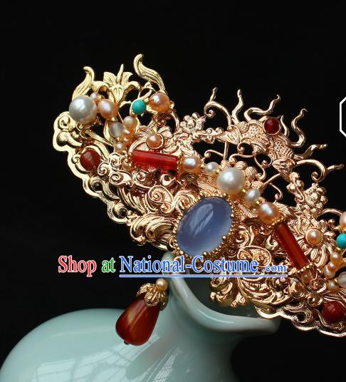 China Ancient Court Lady Agate Tassel Hairpin Traditional Ming Dynasty Imperial Concubine Golden Hair Crown