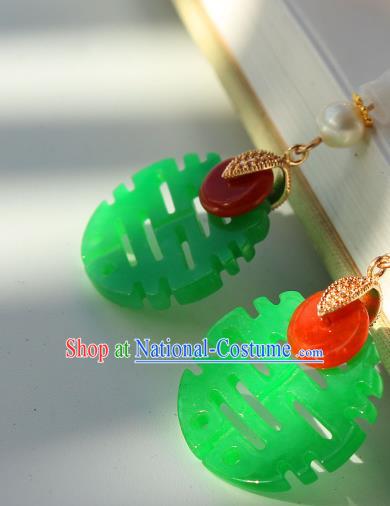 Chinese Traditional Wedding Cheongsam Jade Earrings Ancient Empress Pearl Ear Jewelry