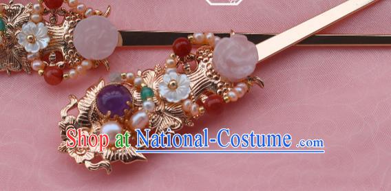 China Ancient Court Princess Golden Hairpin Traditional Ming Dynasty Palace Lady Pearls Hair Stick