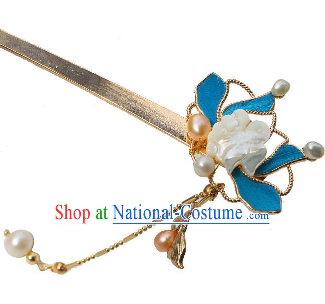 China Ancient Court Lady Shell Orchids Hairpin Traditional Ming Dynasty Imperial Concubine Tassel Hair Stick