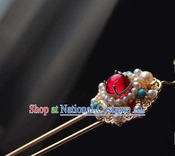 China Ancient Empress Golden Peony Hairpin Traditional Ming Dynasty Noble Woman Pearls Hair Stick