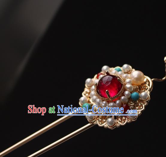 China Ancient Empress Golden Peony Hairpin Traditional Ming Dynasty Noble Woman Pearls Hair Stick