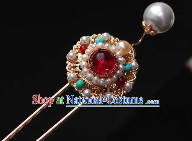 China Ancient Empress Golden Peony Hairpin Traditional Ming Dynasty Noble Woman Pearls Hair Stick